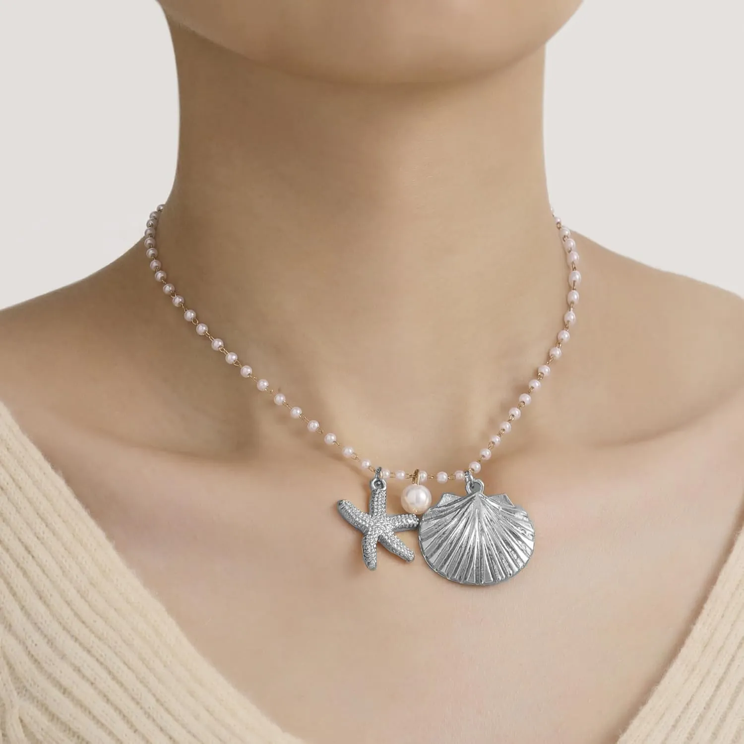 Seashell Necklace for Women Starfish Necklace Pearl Chain Necklace Beach Ocean Jewelry