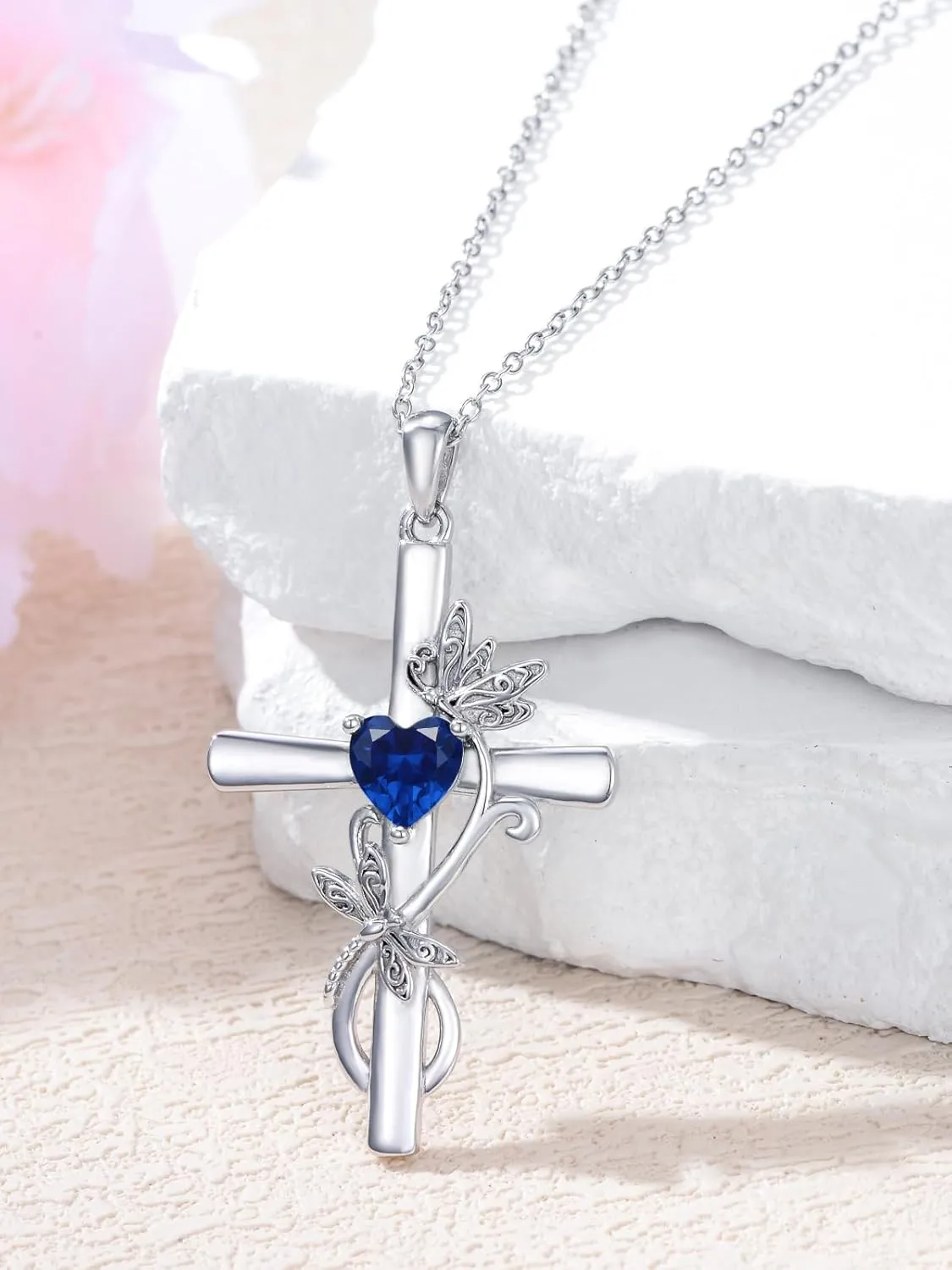Seiyang Dragonfly Cross Necklace 925 Sterling Silver Dragonfly Pendant with Heart Birthstone Cross Necklace Dragonfly Jewelry Gift for Women