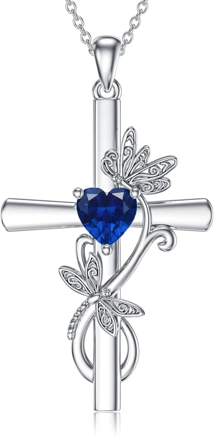 Seiyang Dragonfly Cross Necklace 925 Sterling Silver Dragonfly Pendant with Heart Birthstone Cross Necklace Dragonfly Jewelry Gift for Women