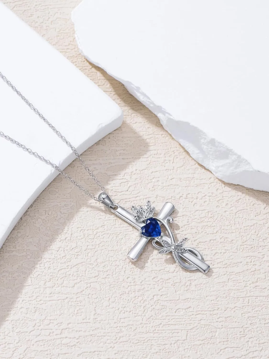 Seiyang Dragonfly Cross Necklace 925 Sterling Silver Dragonfly Pendant with Heart Birthstone Cross Necklace Dragonfly Jewelry Gift for Women