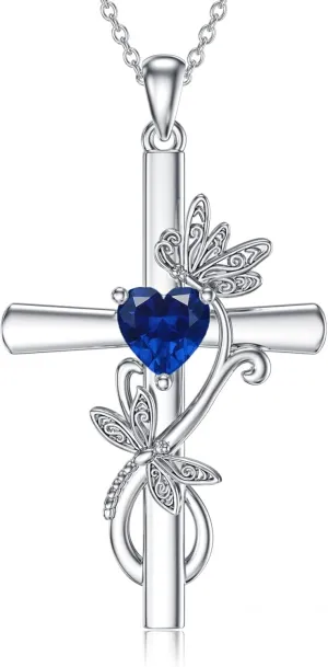 Seiyang Dragonfly Cross Necklace 925 Sterling Silver Dragonfly Pendant with Heart Birthstone Cross Necklace Dragonfly Jewelry Gift for Women