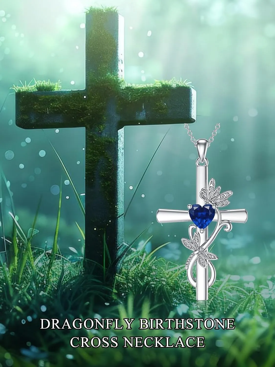 Seiyang Dragonfly Cross Necklace 925 Sterling Silver Dragonfly Pendant with Heart Birthstone Cross Necklace Dragonfly Jewelry Gift for Women