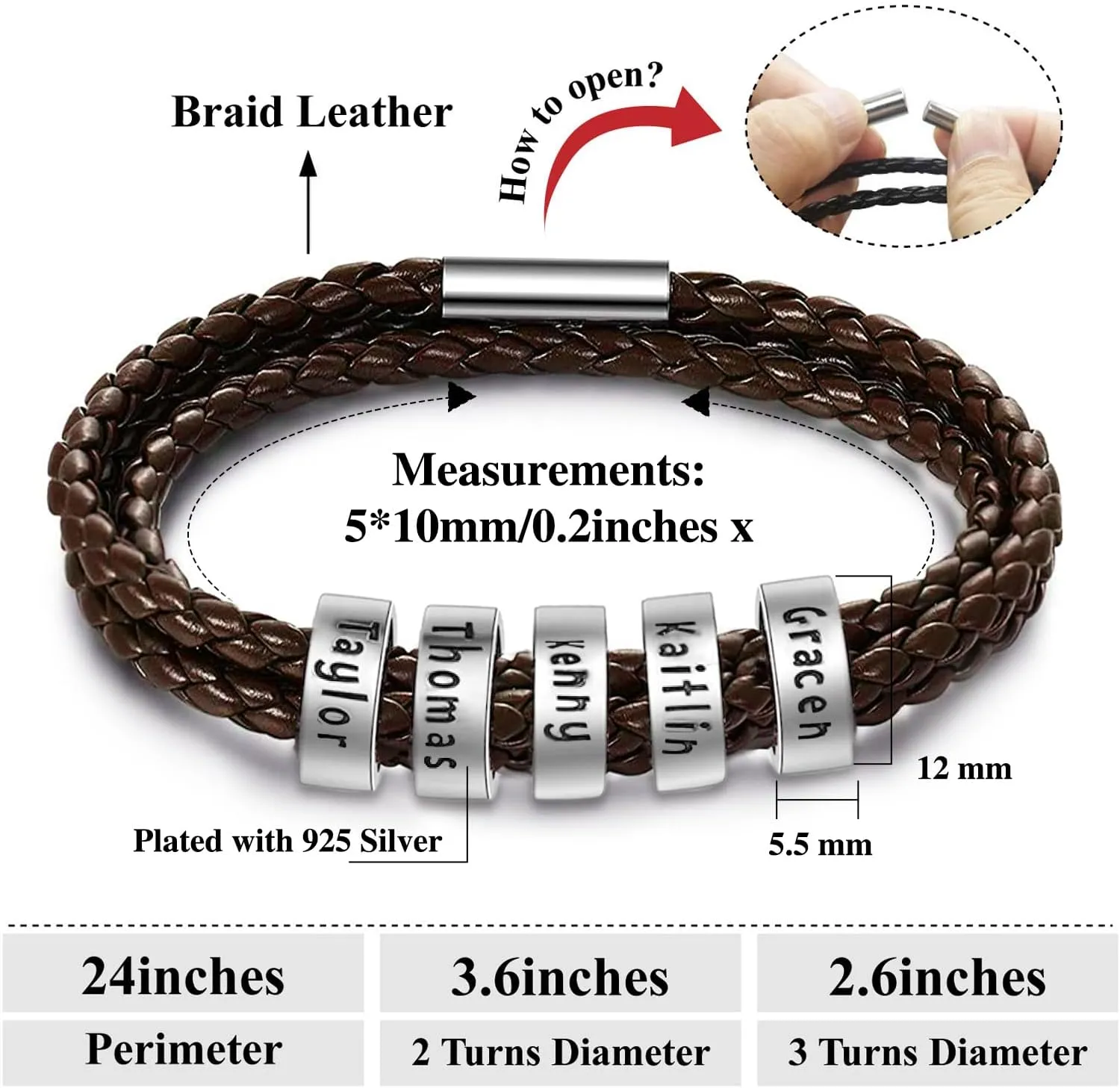 ShineSand Personalized Mens Leather Bracelet with Custom Beads, Customized Braid Leather Bracelet Engraved with Names for Men