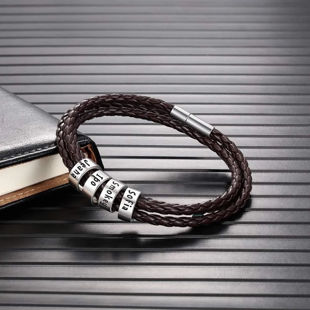 ShineSand Personalized Mens Leather Bracelet with Custom Beads, Customized Braid Leather Bracelet Engraved with Names for Men