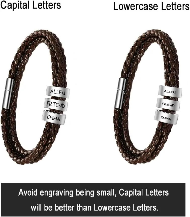 ShineSand Personalized Mens Leather Bracelet with Custom Beads, Customized Braid Leather Bracelet Engraved with Names for Men