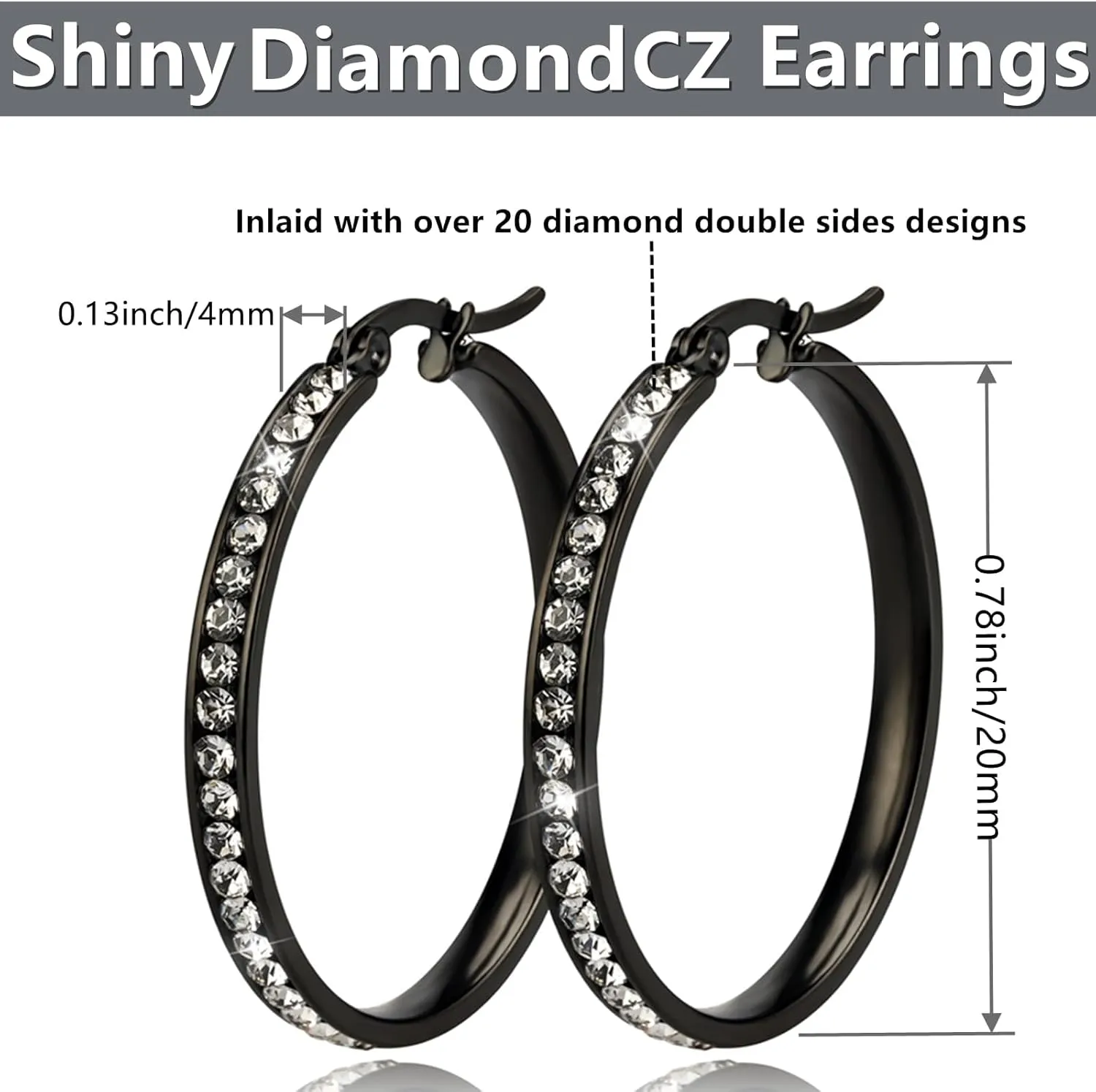 Shiny Diamond Hoop earrings Set Hypoallergenic Round Cubic Zirconia Titanium Stainless Steel Silver Rose Gold Black CZ Cartilage Hoop Huggie Earrings Jewelry Sets for Women Men, 20mm Hoops Earrings