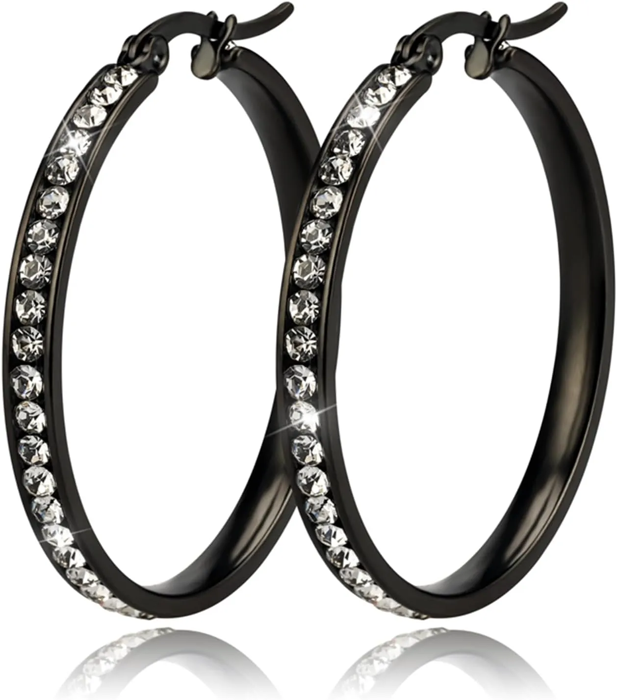 Shiny Diamond Hoop earrings Set Hypoallergenic Round Cubic Zirconia Titanium Stainless Steel Silver Rose Gold Black CZ Cartilage Hoop Huggie Earrings Jewelry Sets for Women Men, 20mm Hoops Earrings