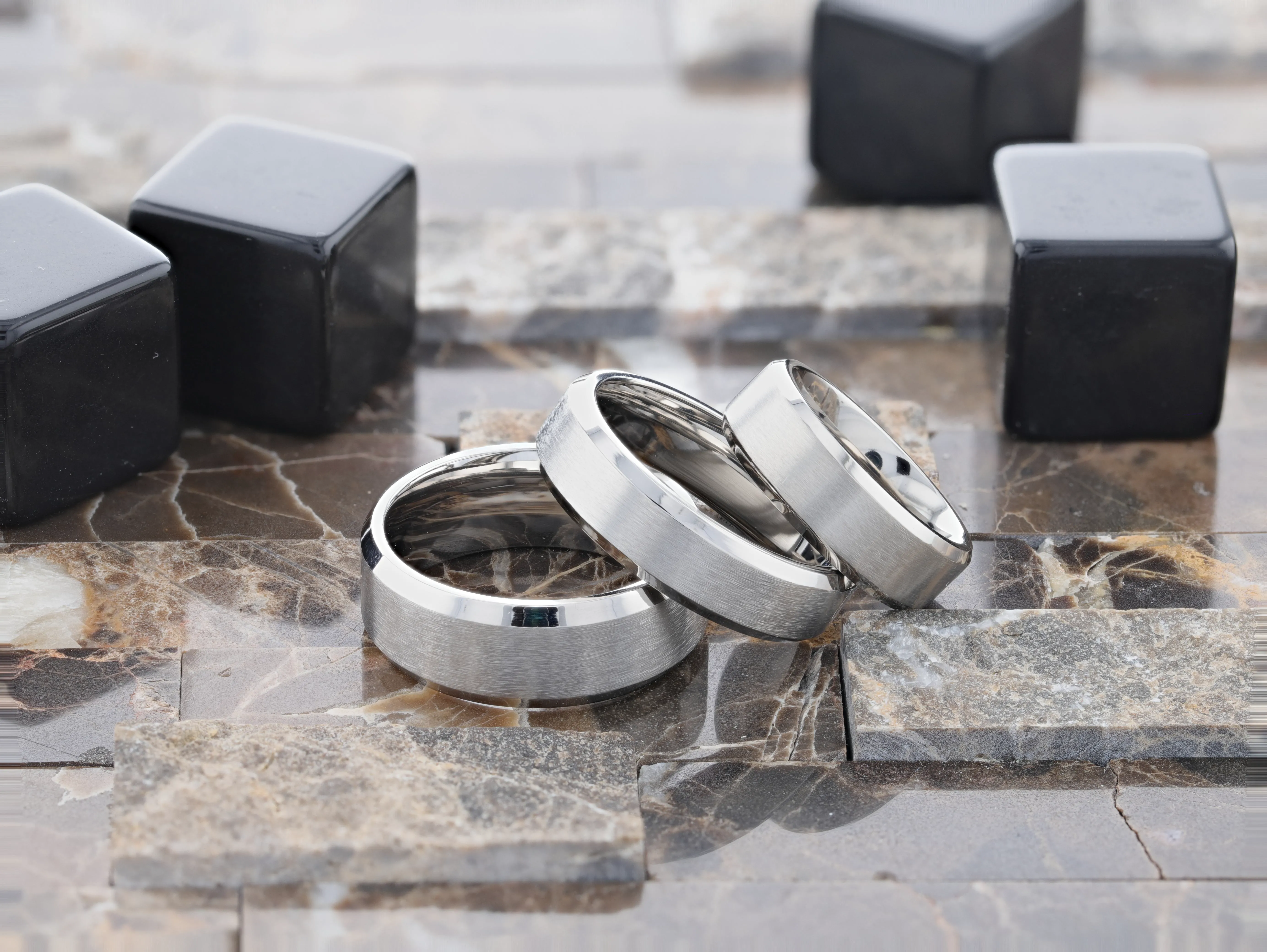 SHIRE Titanium Brushed Center Men’s Flat Wedding Ring with Polished Beveled Edges - 6mm & 8mm