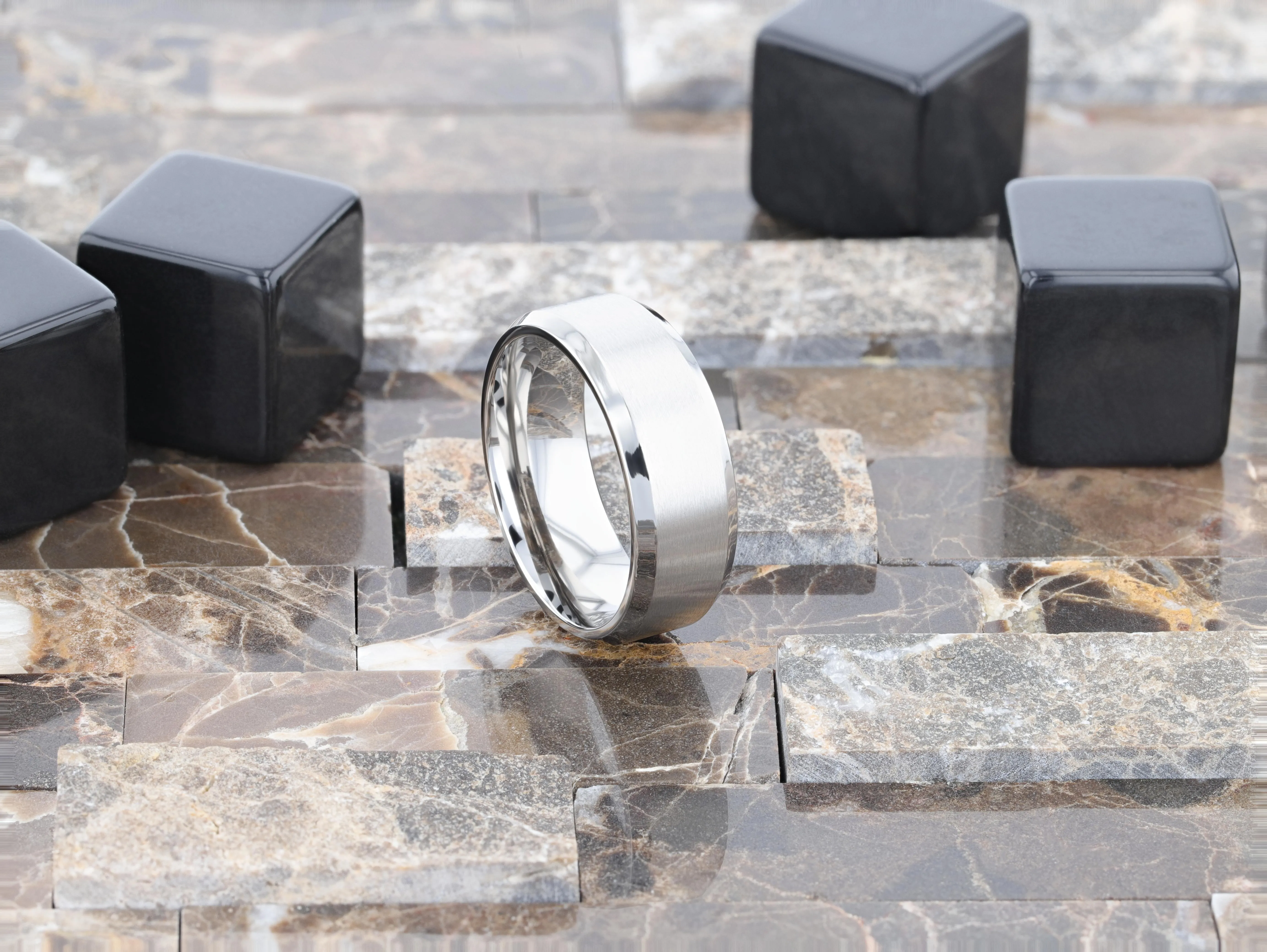 SHIRE Titanium Brushed Center Men’s Flat Wedding Ring with Polished Beveled Edges - 6mm & 8mm
