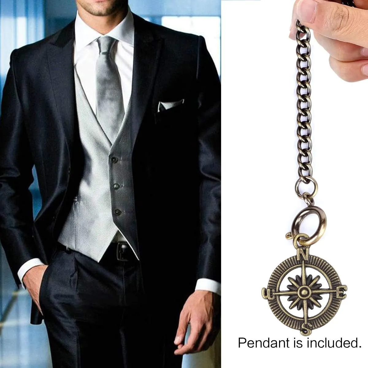 SIBOSUN Pocket Watch Double Albert T Bar Chain With 3 Hook Antique Fob Curb Link for Men - Life Tree Pendant Design
