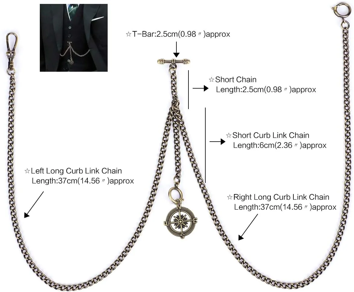 SIBOSUN Pocket Watch Double Albert T Bar Chain With 3 Hook Antique Fob Curb Link for Men - Life Tree Pendant Design