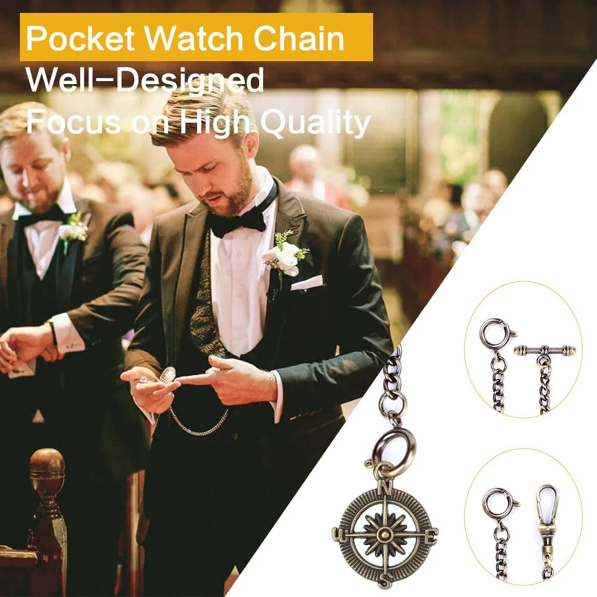 SIBOSUN Pocket Watch Double Albert T Bar Chain With 3 Hook Antique Fob Curb Link for Men - Life Tree Pendant Design