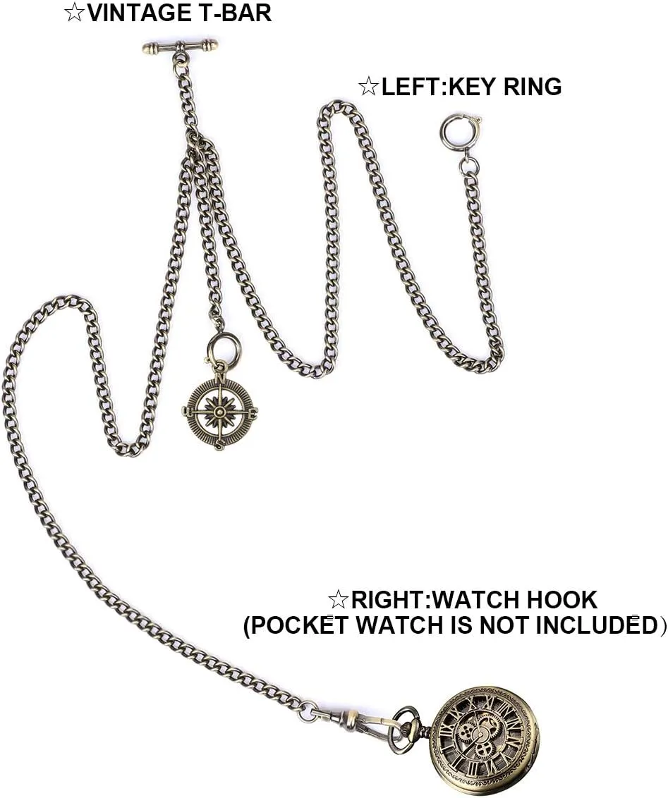 SIBOSUN Pocket Watch Double Albert T Bar Chain With 3 Hook Antique Fob Curb Link for Men - Life Tree Pendant Design