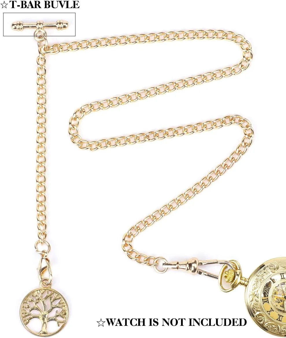 SIBOSUN Pocket Watch with Albert Chain, T Bar & Lobster Clasps, Curb Link Chain, 2 Hooks, Antique Life Tree Pendant Design Charm Fob