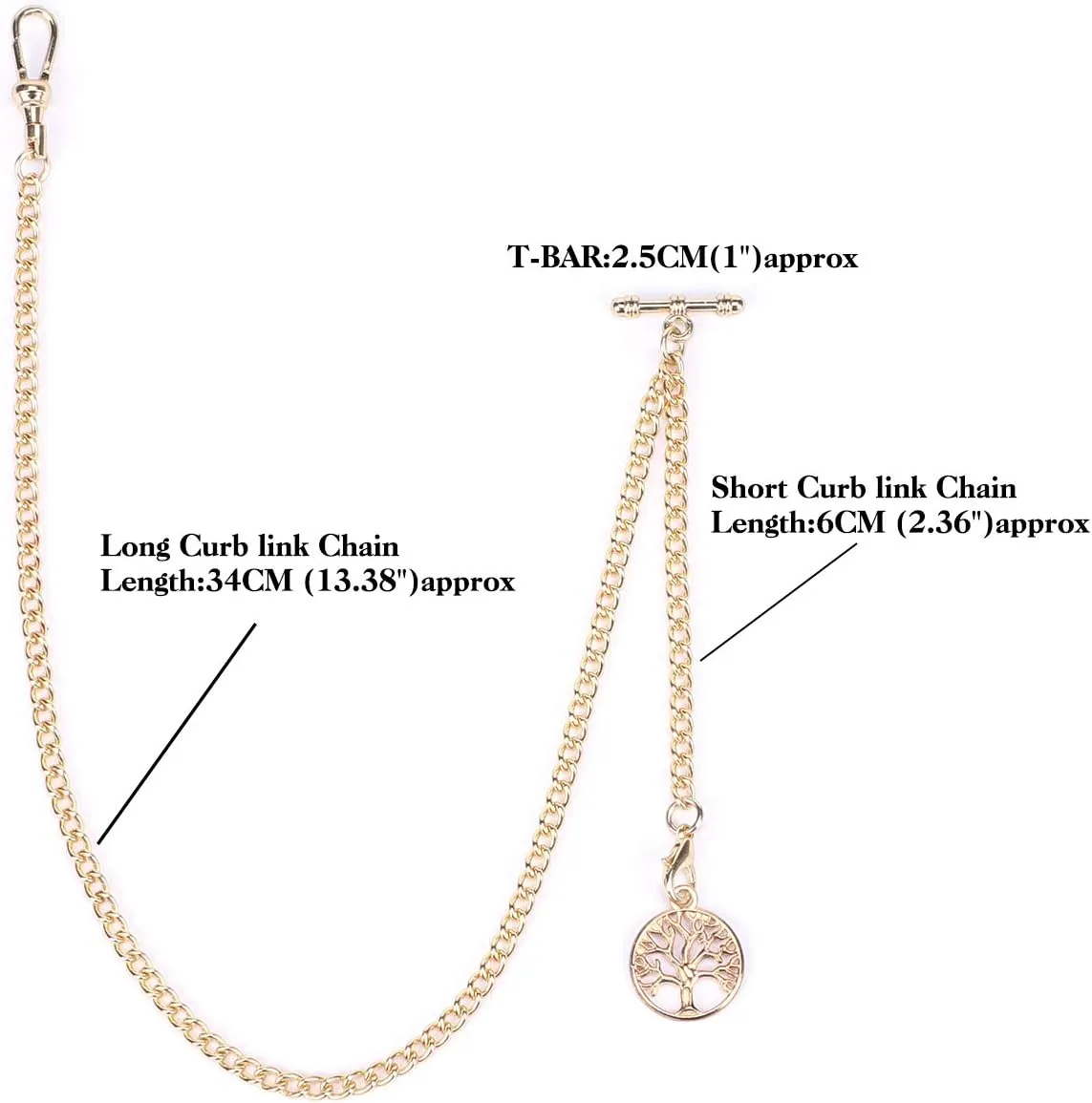 SIBOSUN Pocket Watch with Albert Chain, T Bar & Lobster Clasps, Curb Link Chain, 2 Hooks, Antique Life Tree Pendant Design Charm Fob