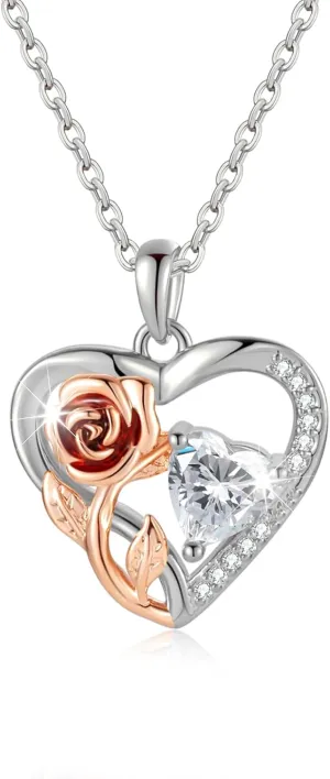 Silver 14k Gold Plated Rose Gold Diamond Pendant Necklace for Women Valentines Day Christmas Gifts for Mom Wife Girlfriend Diamond Trendy Necklace for Women