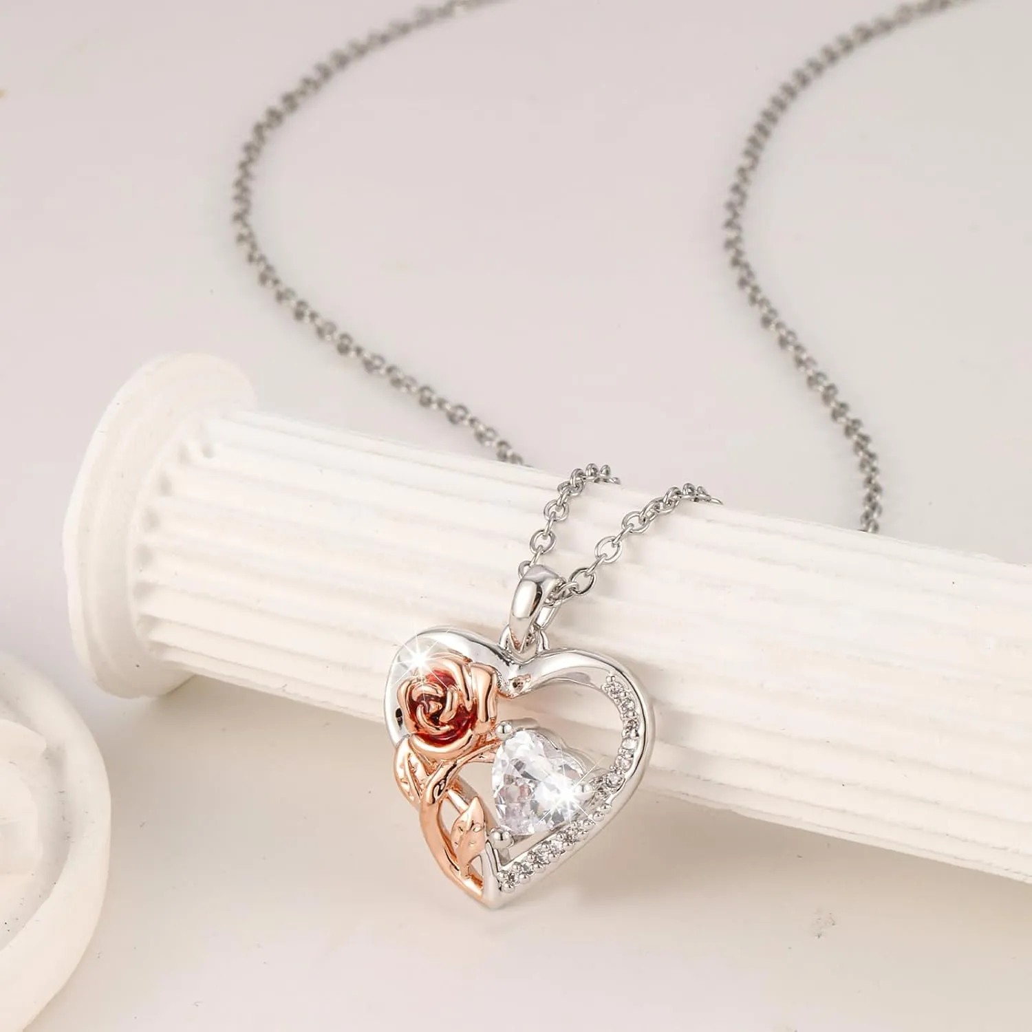 Silver 14k Gold Plated Rose Gold Diamond Pendant Necklace for Women Valentines Day Christmas Gifts for Mom Wife Girlfriend Diamond Trendy Necklace for Women
