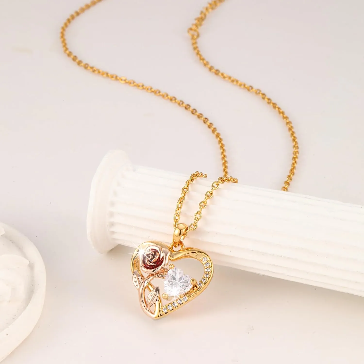 Silver 14k Gold Plated Rose Gold Diamond Pendant Necklace for Women Valentines Day Christmas Gifts for Mom Wife Girlfriend Diamond Trendy Necklace for Women
