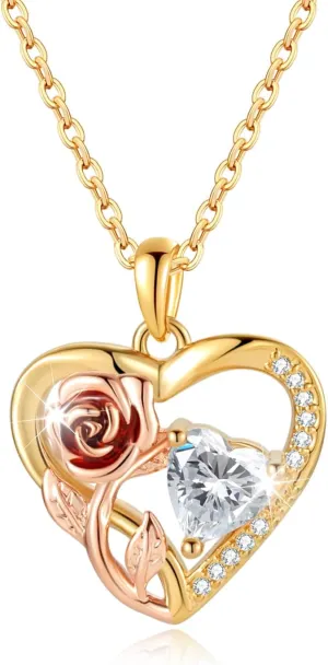 Silver 14k Gold Plated Rose Gold Diamond Pendant Necklace for Women Valentines Day Christmas Gifts for Mom Wife Girlfriend Diamond Trendy Necklace for Women