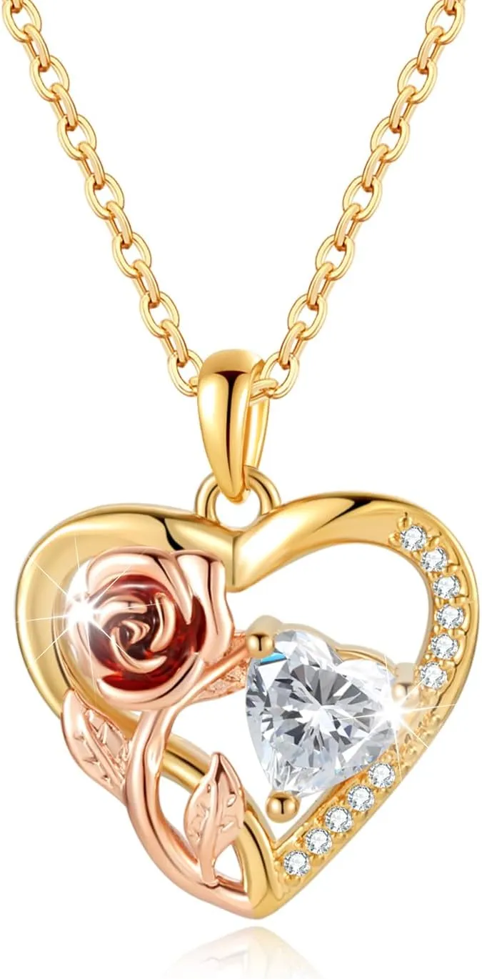 Silver 14k Gold Plated Rose Gold Diamond Pendant Necklace for Women Valentines Day Christmas Gifts for Mom Wife Girlfriend Diamond Trendy Necklace for Women