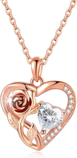Silver 14k Gold Plated Rose Gold Diamond Pendant Necklace for Women Valentines Day Christmas Gifts for Mom Wife Girlfriend Diamond Trendy Necklace for Women