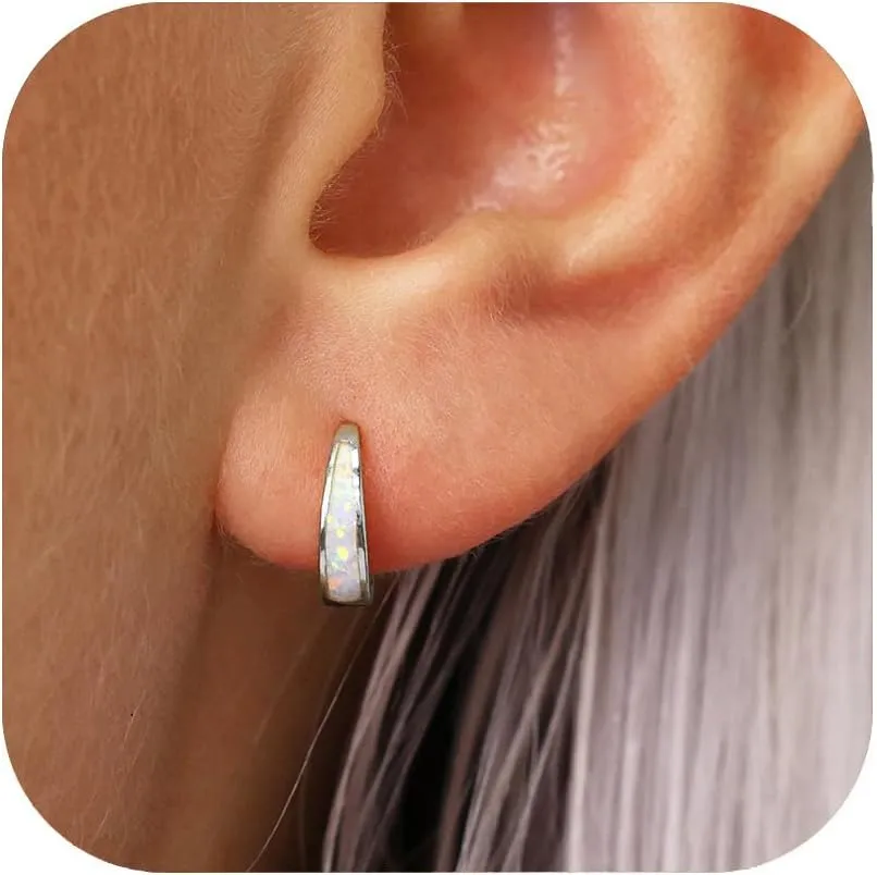 Silver & Gold Earrings for Women Trendy Opal Huggie Earrings Small Gold Hoop Earring 14k Gold Plated Opal Jewelry Birthday Gifts for Women Mom Her
