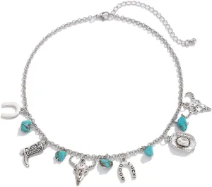 Silver Charm Necklace for Women Dainty Choker Necklace Trendy Turquoise Pendant Western Necklace Good Luck Necklace for Women Goat's Head Horseshoe Hat Boot Pendant Boho Cowgirl Jewelry Gift