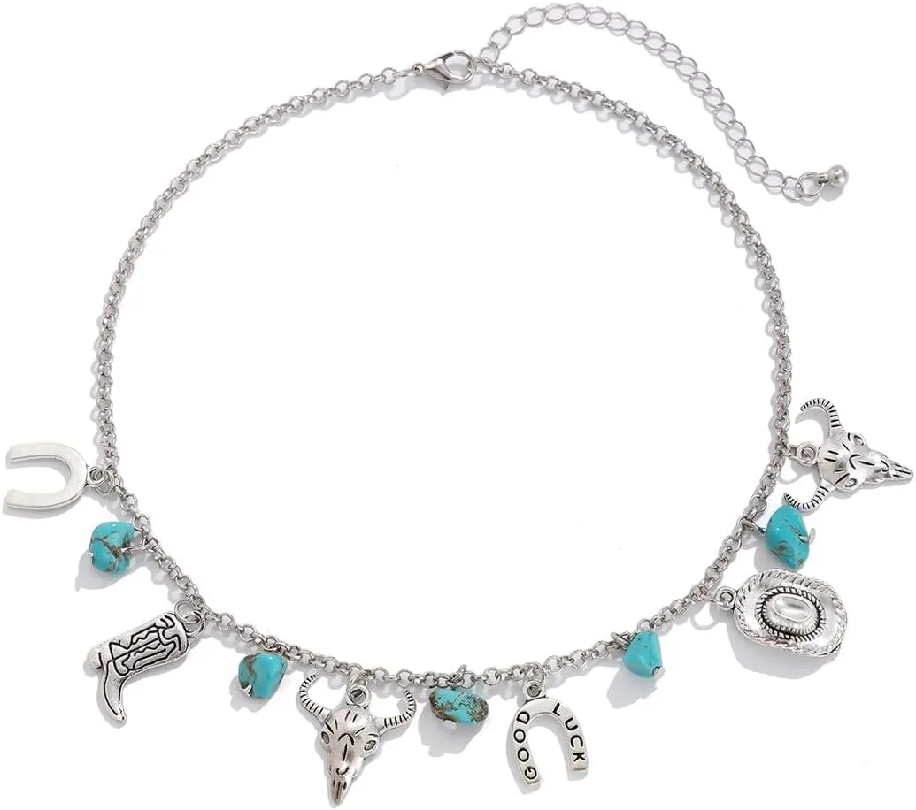 Silver Charm Necklace for Women Dainty Choker Necklace Trendy Turquoise Pendant Western Necklace Good Luck Necklace for Women Goat's Head Horseshoe Hat Boot Pendant Boho Cowgirl Jewelry Gift