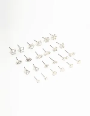 Silver Diamante Stud Earrings 12-Pack