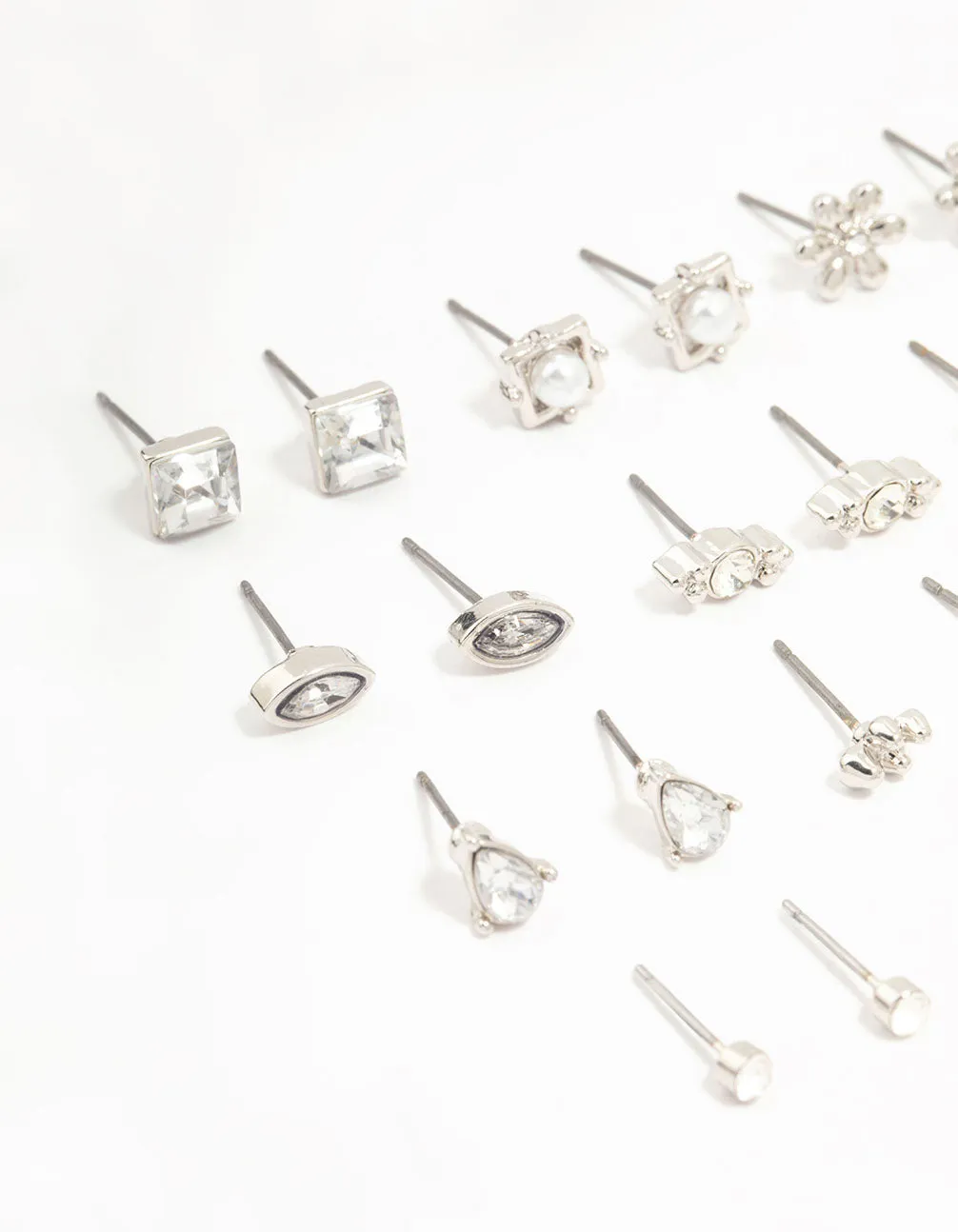 Silver Diamante Stud Earrings 12-Pack