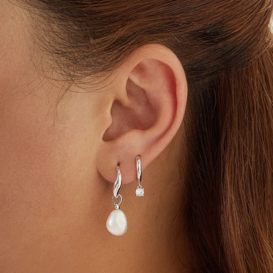 Silver Drop Solitaire Huggie Earrings