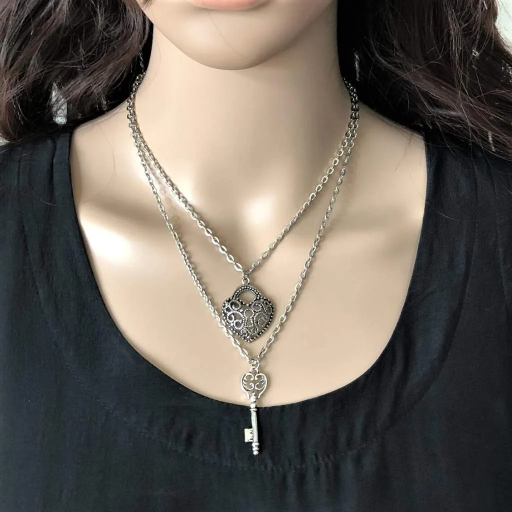 Silver Heart and Key Layered Necklace