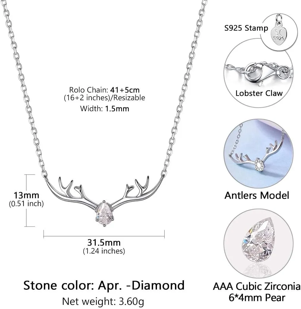 SILVERCUTE Sterling Silver Birthstone Necklaces for Women, Xmas Antler Deer Pendant Necklace with Colorful Cubic Zirconia,16-18 inches