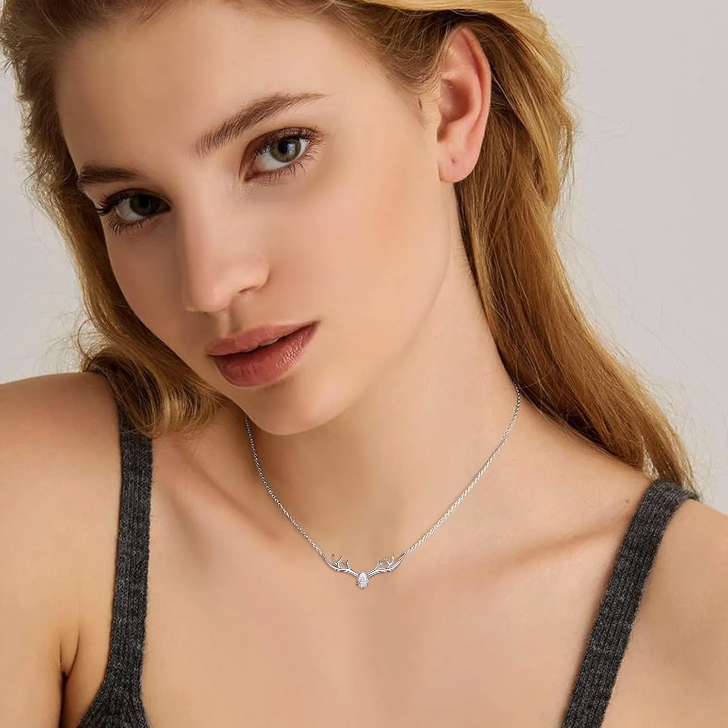 SILVERCUTE Sterling Silver Birthstone Necklaces for Women, Xmas Antler Deer Pendant Necklace with Colorful Cubic Zirconia,16-18 inches