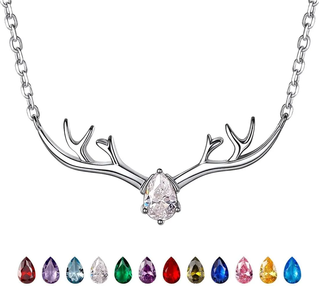 SILVERCUTE Sterling Silver Birthstone Necklaces for Women, Xmas Antler Deer Pendant Necklace with Colorful Cubic Zirconia,16-18 inches
