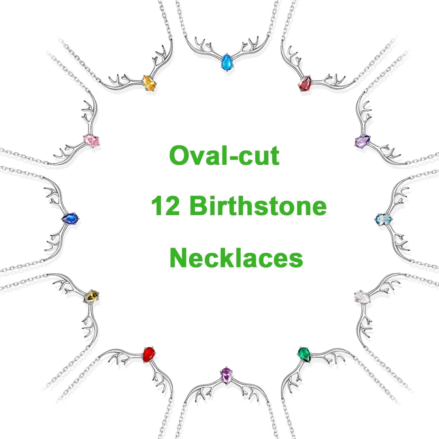 SILVERCUTE Sterling Silver Birthstone Necklaces for Women, Xmas Antler Deer Pendant Necklace with Colorful Cubic Zirconia,16-18 inches