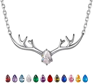 SILVERCUTE Sterling Silver Birthstone Necklaces for Women, Xmas Antler Deer Pendant Necklace with Colorful Cubic Zirconia,16-18 inches