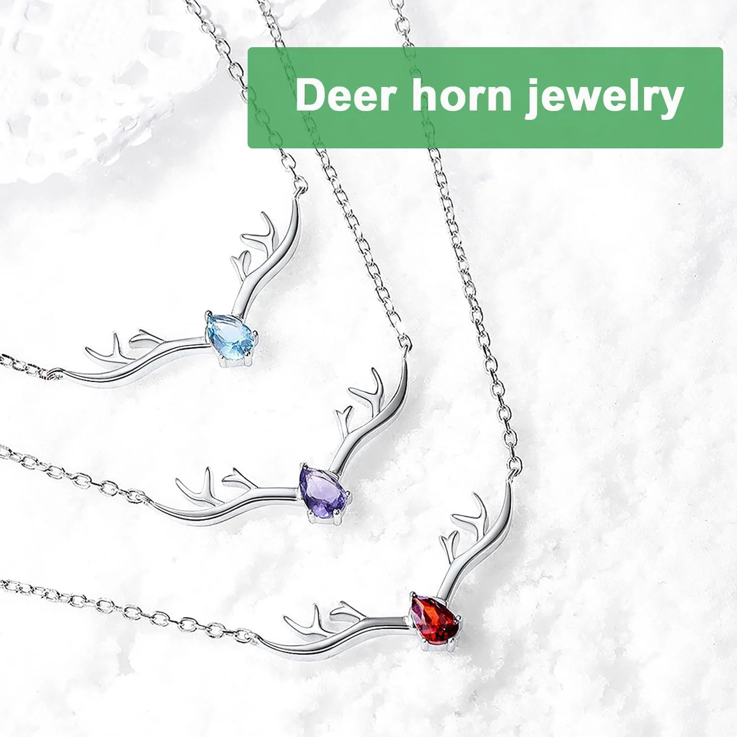 SILVERCUTE Sterling Silver Birthstone Necklaces for Women, Xmas Antler Deer Pendant Necklace with Colorful Cubic Zirconia,16-18 inches
