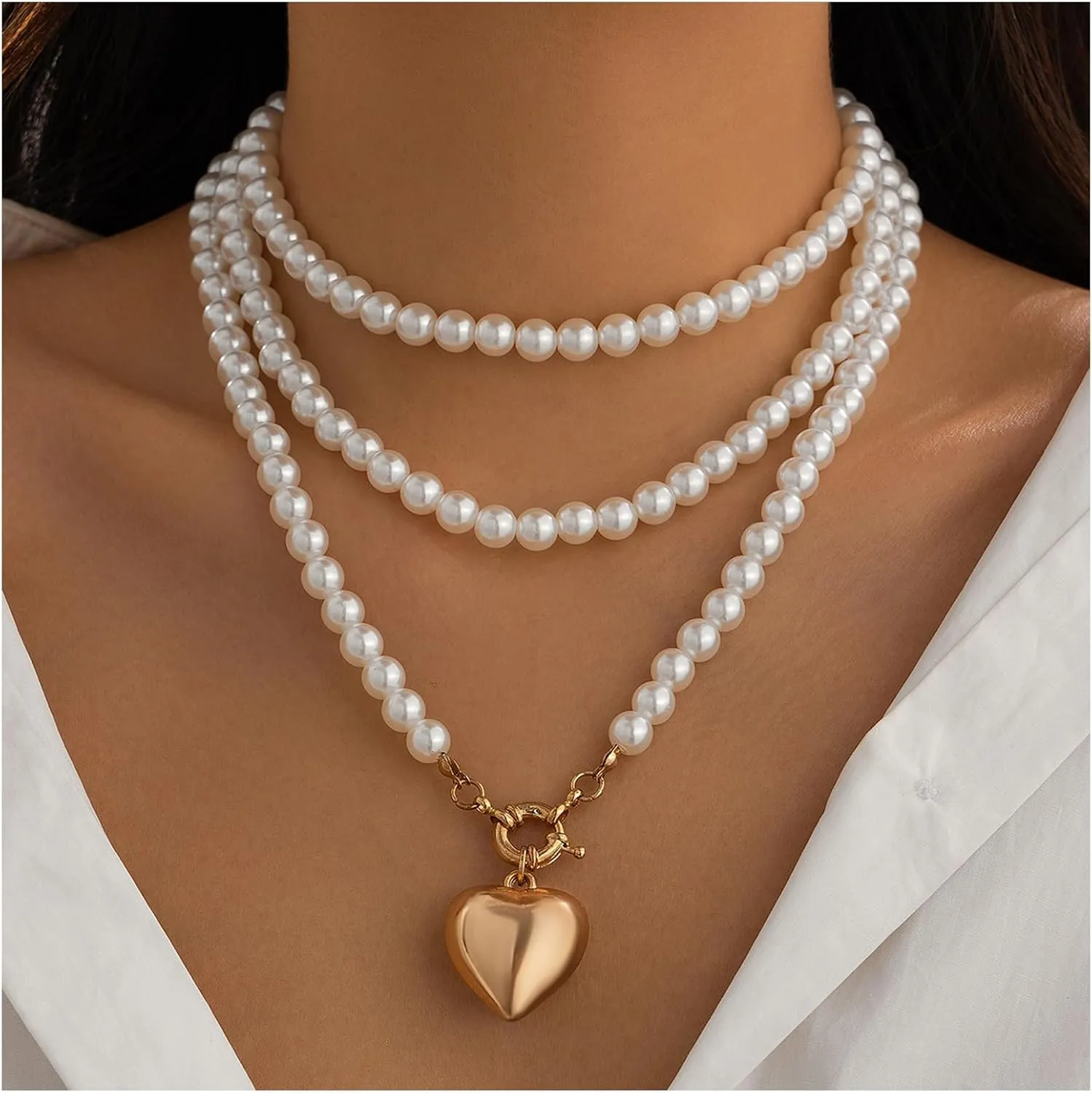 Simple Long Pearl Collar Necklace Sexy Summer Beads Clavicle Chain Necklace Metal Heart Pendant Neck Chain Multi-layered Pearl Body Chain Jewelry for Women