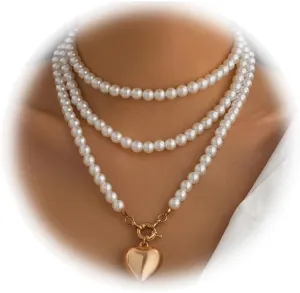 Simple Long Pearl Collar Necklace Sexy Summer Beads Clavicle Chain Necklace Metal Heart Pendant Neck Chain Multi-layered Pearl Body Chain Jewelry for Women