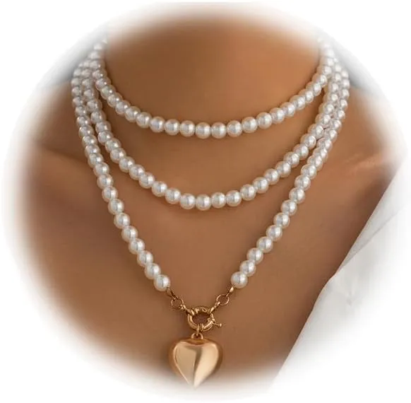 Simple Long Pearl Collar Necklace Sexy Summer Beads Clavicle Chain Necklace Metal Heart Pendant Neck Chain Multi-layered Pearl Body Chain Jewelry for Women