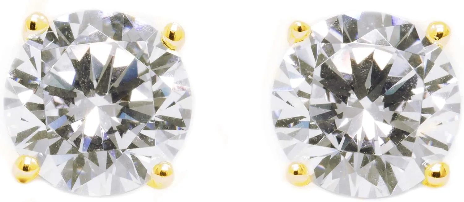 Simulated Diamond Stud Earrings - 14k Yellow Gold, 1ct-2ct Round, Princess, Heart Cut VVS D Color Screw Back Earrings for Women and Men