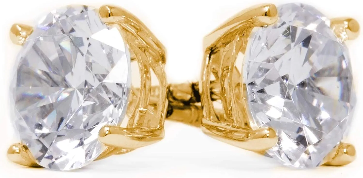 Simulated Diamond Stud Earrings - 14k Yellow Gold, 1ct-2ct Round, Princess, Heart Cut VVS D Color Screw Back Earrings for Women and Men