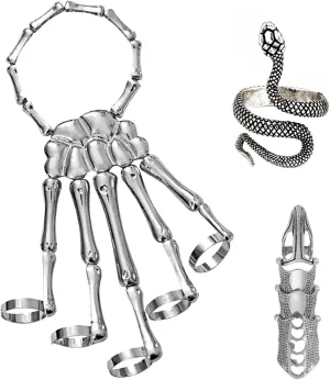 Skeleton Hand Bracelet Halloween Jewelry Decoration Skull Skeleton Hands with Snake Full Finger Rings for Women Men Punk Goth Bracelets Rings Jewelry Halloween Cosplay