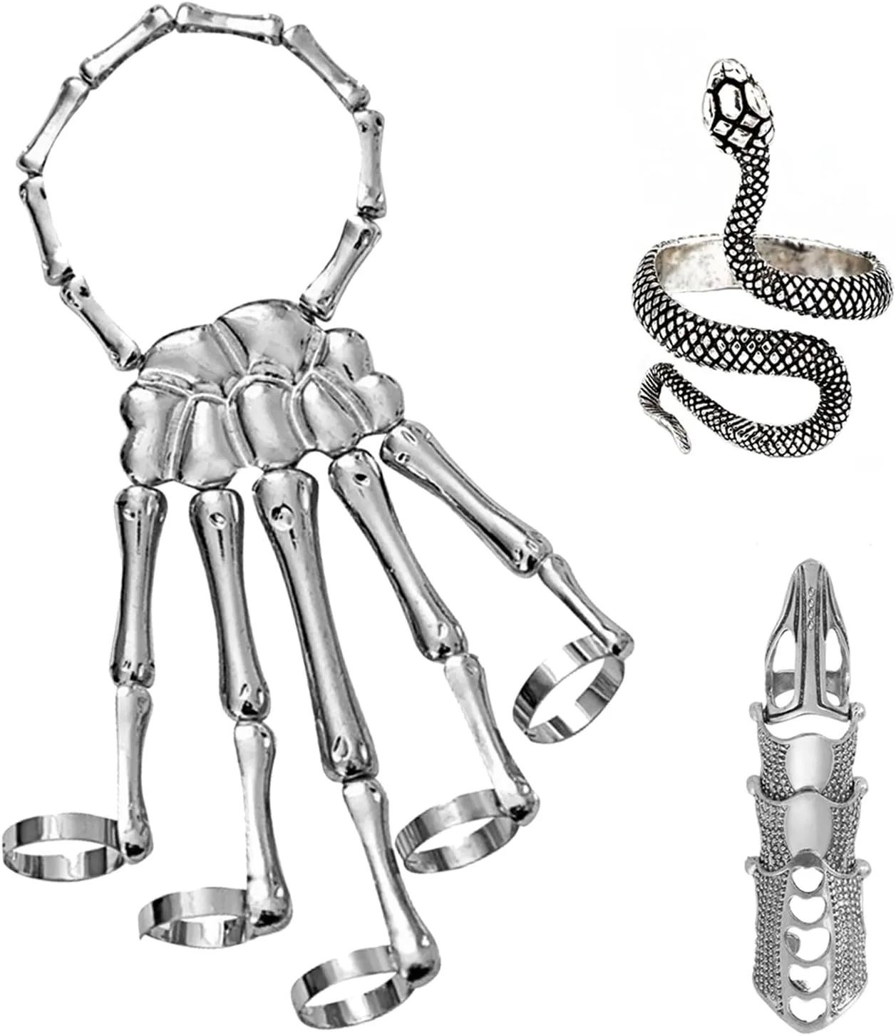 Skeleton Hand Bracelet Halloween Jewelry Decoration Skull Skeleton Hands with Snake Full Finger Rings for Women Men Punk Goth Bracelets Rings Jewelry Halloween Cosplay