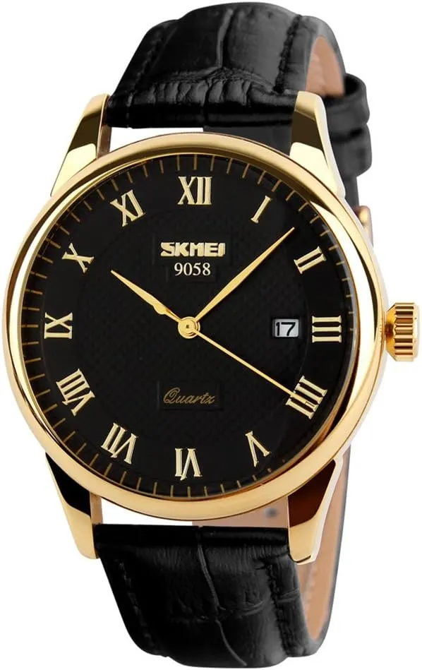 SKMEI Business Mens Quartz Wristwatches Roman Numeral Leather Band Casual Water Resist Analog Watches