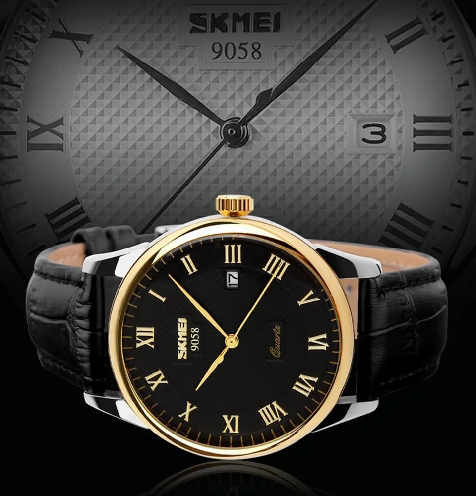 SKMEI Business Mens Quartz Wristwatches Roman Numeral Leather Band Casual Water Resist Analog Watches