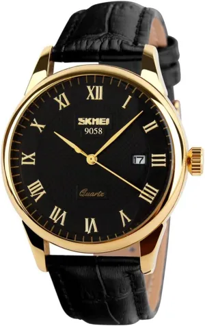 SKMEI Business Mens Quartz Wristwatches Roman Numeral Leather Band Casual Water Resist Analog Watches