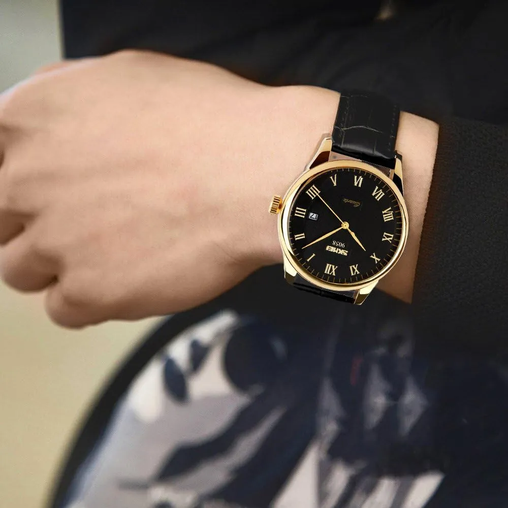 SKMEI Business Mens Quartz Wristwatches Roman Numeral Leather Band Casual Water Resist Analog Watches