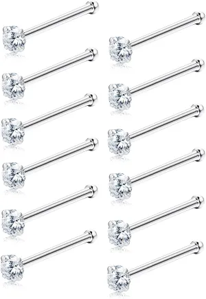 Sllaiss 12Pcs Nose Studs Rings Made with Austrian Crystal Piercing Pin Body Jewelry 1.5mm Surgical Stainless Steel 4 Prongs Setting Nose Stud Piercing Jewelry Set